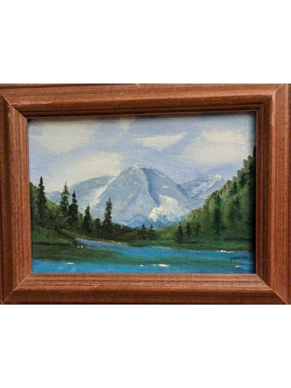 Original Mountain Landscape Painting Wood Frame Signed by Artist Canvas Board